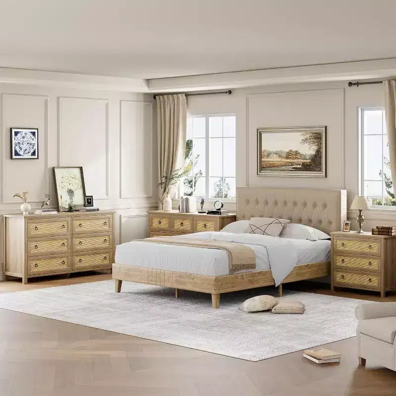 Commode à 3 tiroirs en rotin naturel - Meuble de rangement autoportant avec dispositif anti-basculement, tiroirs extra-profonds pour chambre à coucher, chambre d'enfant, salon, bureau