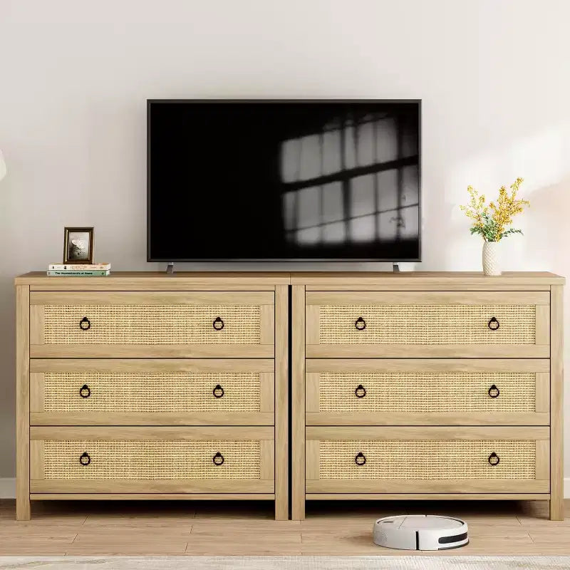 Commode à 3 tiroirs en rotin naturel - Meuble de rangement autoportant avec dispositif anti-basculement, tiroirs extra-profonds pour chambre à coucher, chambre d'enfant, salon, bureau