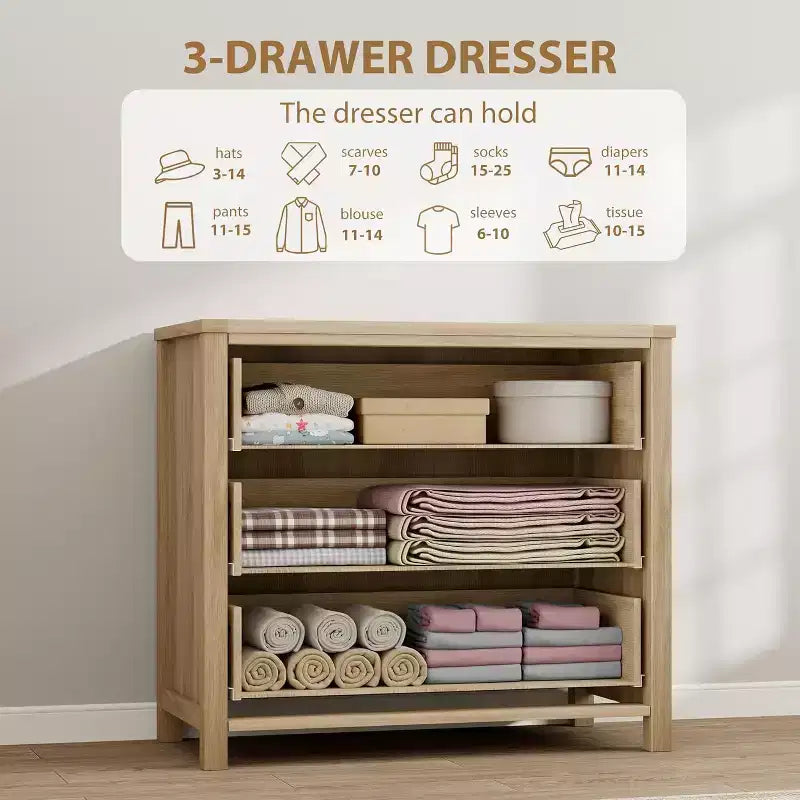 Commode à 3 tiroirs en rotin naturel - Meuble de rangement autoportant avec dispositif anti-basculement, tiroirs extra-profonds pour chambre à coucher, chambre d'enfant, salon, bureau
