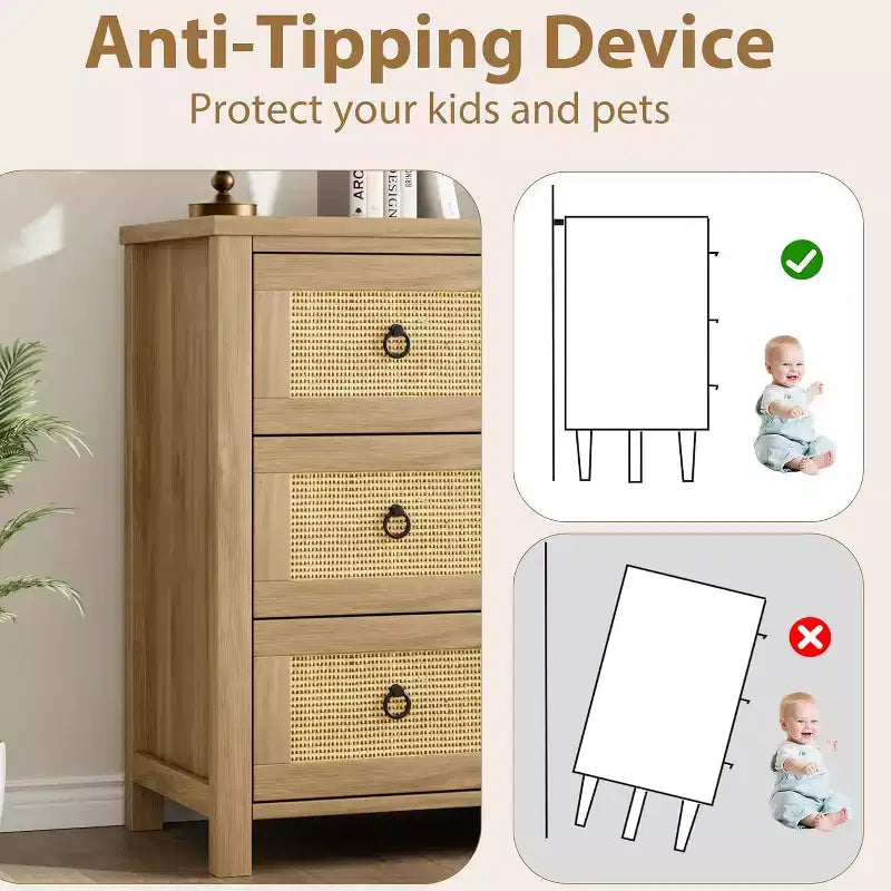Commode à 3 tiroirs en rotin naturel - Meuble de rangement autoportant avec dispositif anti-basculement, tiroirs extra-profonds pour chambre à coucher, chambre d'enfant, salon, bureau