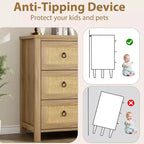 Commode à 3 tiroirs en rotin naturel - Meuble de rangement autoportant avec dispositif anti-basculement, tiroirs extra-profonds pour chambre à coucher, chambre d'enfant, salon, bureau
