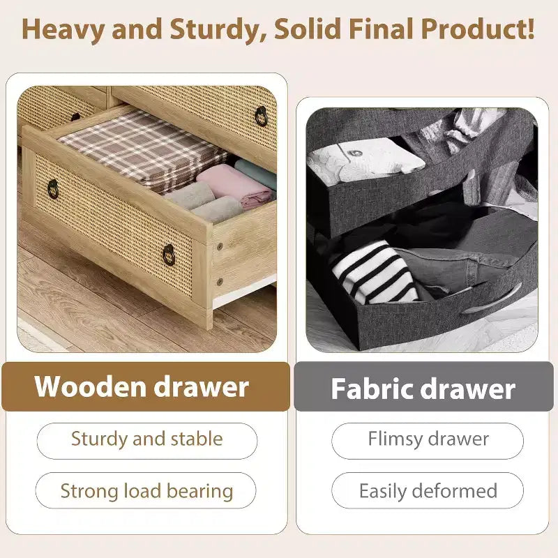 Commode à 3 tiroirs en rotin naturel - Meuble de rangement autoportant avec dispositif anti-basculement, tiroirs extra-profonds pour chambre à coucher, chambre d'enfant, salon, bureau