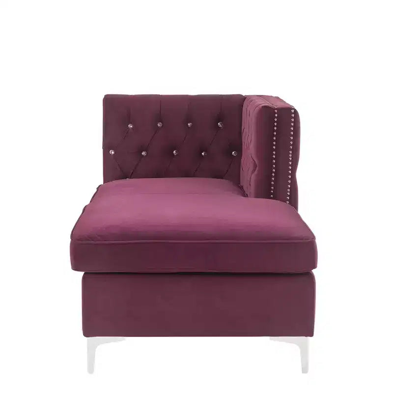 Chaise longue 34" – Velours bordeaux avec cloutage, cadre en bois, aucun assemblage requis