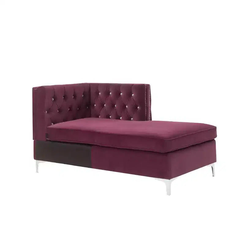 Chaise longue 34" – Velours bordeaux avec cloutage, cadre en bois, aucun assemblage requis