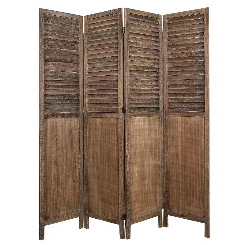 Rancho Shutter 4 Panel Room Divider with Folding Screen Room Partition Paulownia Wood Brown - Proman Products: Wall Separator, No Assembly Required