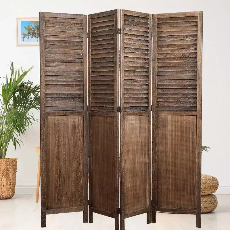 Paravent pliable à 4 panneaux – Bois de paulownia, Lattes persiennes, Finition rustique, Aucun assemblage requis