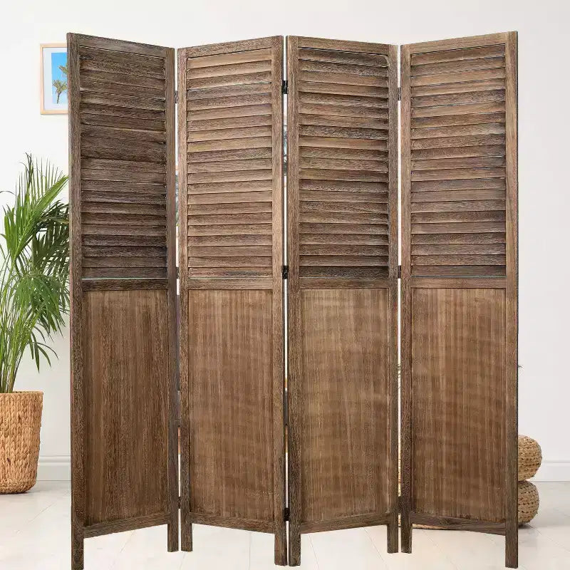 Paravent pliable à 4 panneaux – Bois de paulownia, Lattes persiennes, Finition rustique, Aucun assemblage requis