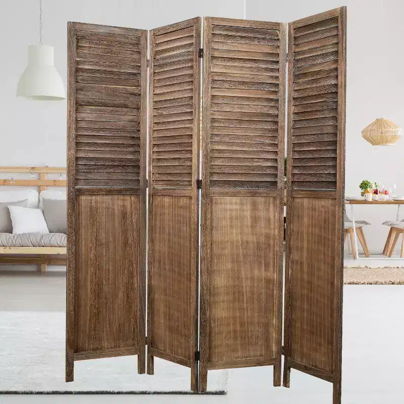 Paravent pliable à 4 panneaux – Bois de paulownia, Lattes persiennes, Finition rustique, Aucun assemblage requis