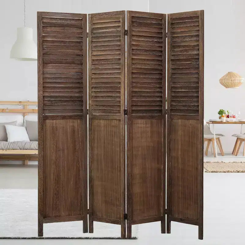 Paravent pliable à 4 panneaux – Bois de paulownia, Lattes persiennes, Finition rustique, Aucun assemblage requis