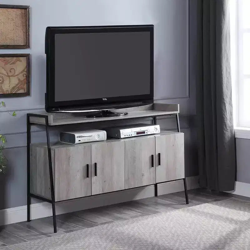 Meuble TV industriel de 52 po – Chêne gris et noir, 4 portes, étagère ouverte, convient aux téléviseurs jusqu'à 50 po