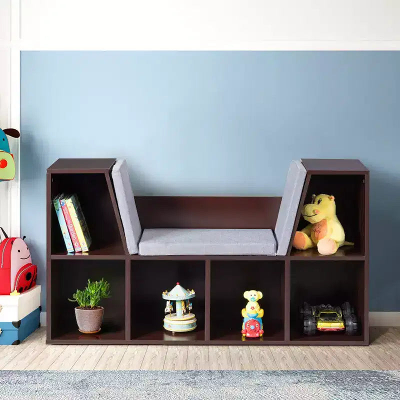 Étagère de rangement 6 cases pour enfants avec coussin de coin lecture – Marron, capacité de 50 kg