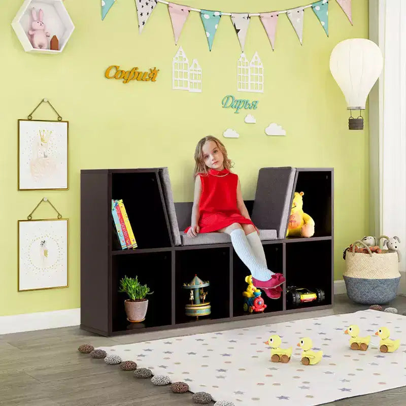Étagère de rangement 6 cases pour enfants avec coussin de coin lecture – Marron, capacité de 50 kg