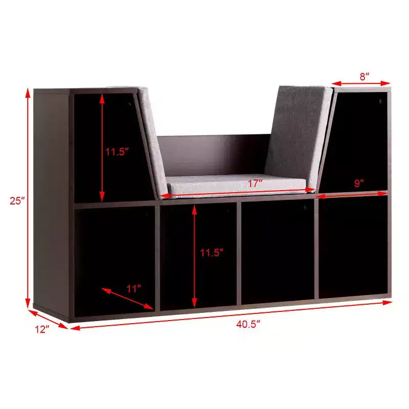 Étagère de rangement 6 cases pour enfants avec coussin de coin lecture – Marron, capacité de 50 kg