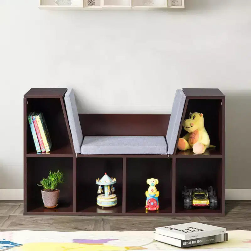 Étagère de rangement 6 cases pour enfants avec coussin de coin lecture – Marron, capacité de 50 kg