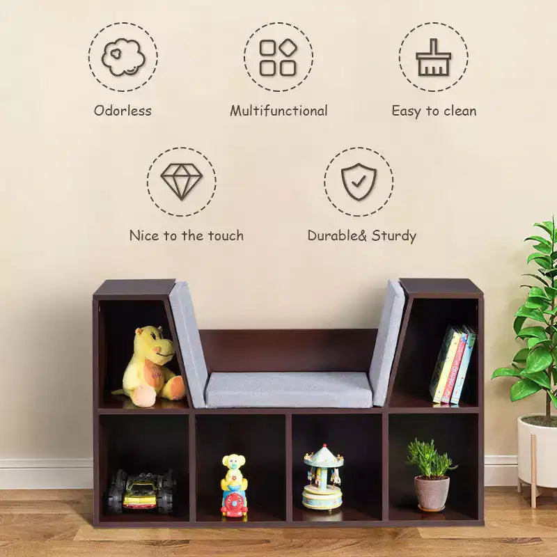 Étagère de rangement 6 cases pour enfants avec coussin de coin lecture – Marron, capacité de 50 kg