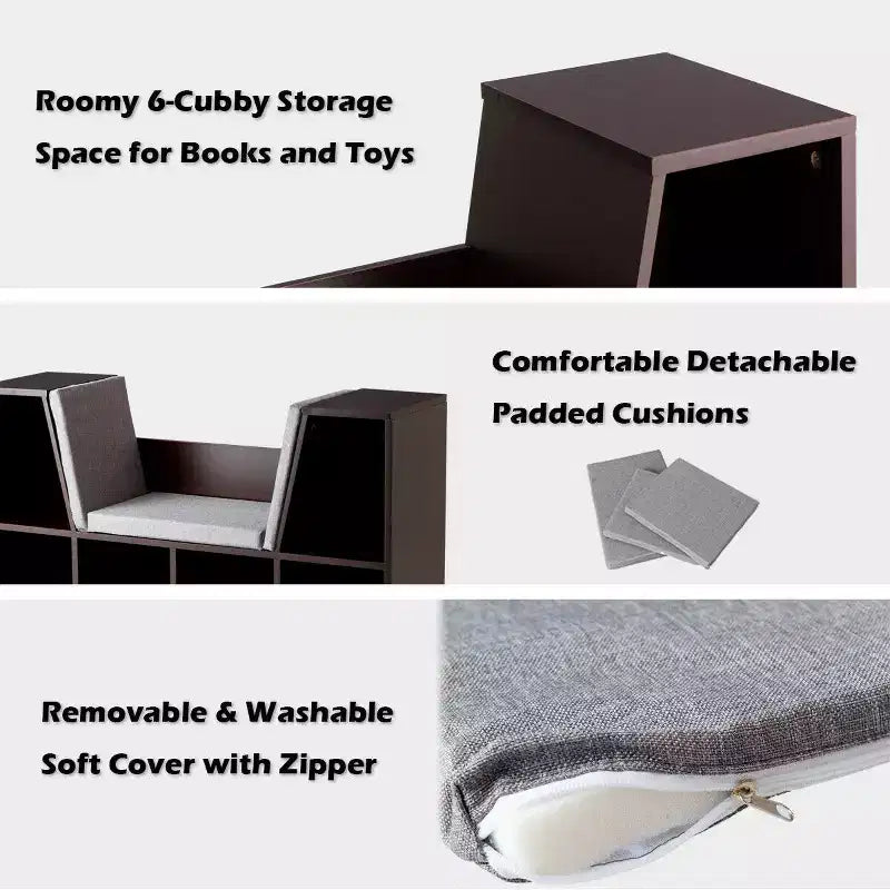 Étagère de rangement 6 cases pour enfants avec coussin de coin lecture – Marron, capacité de 50 kg