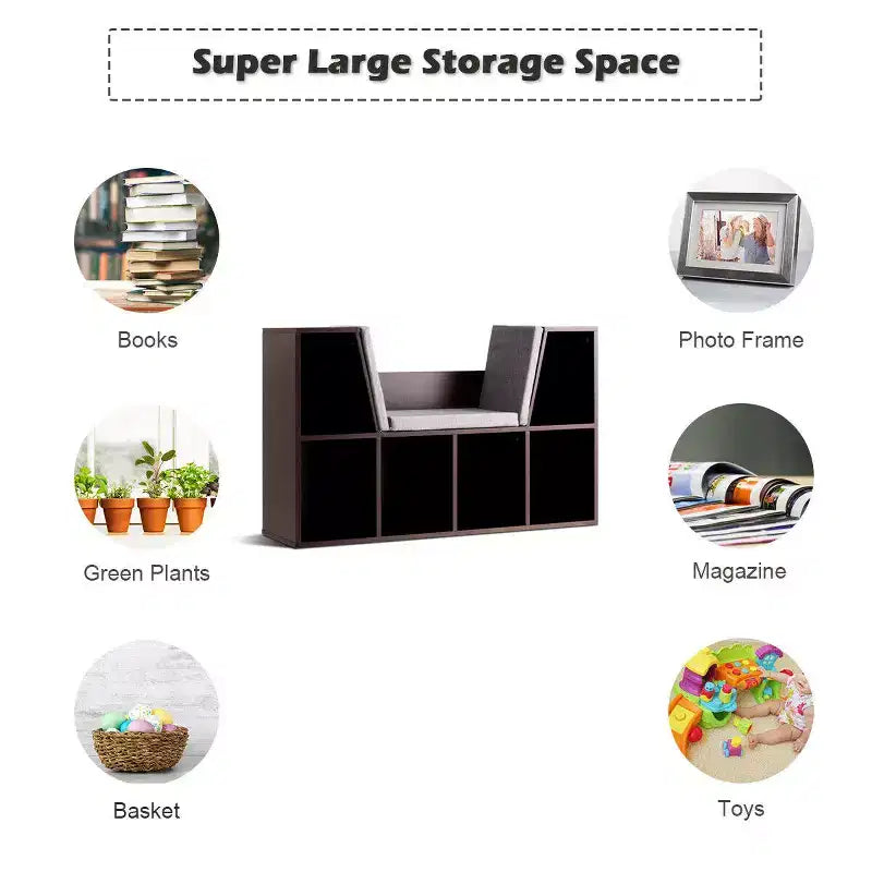 Étagère de rangement 6 cases pour enfants avec coussin de coin lecture – Marron, capacité de 50 kg