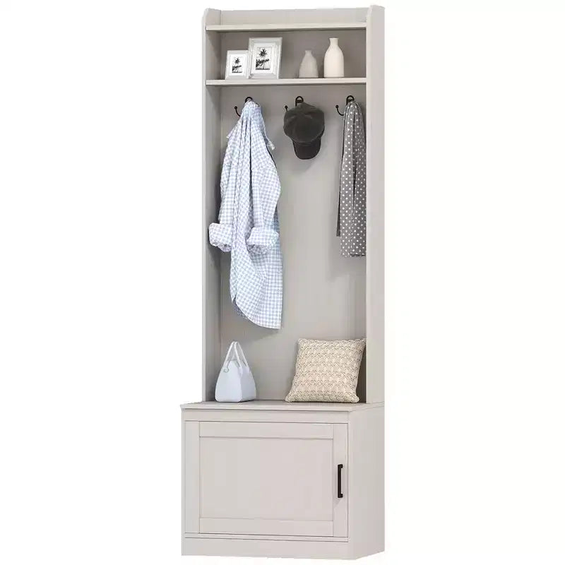 Porte-manteau rustique avec banc de rangement pour chaussures – Patère, 6 crochets, étagères de rangement