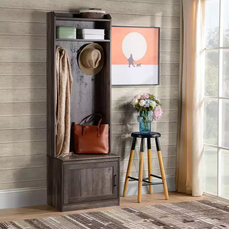 Porte-manteau rustique avec banc de rangement pour chaussures – Patère, 6 crochets, étagères de rangement