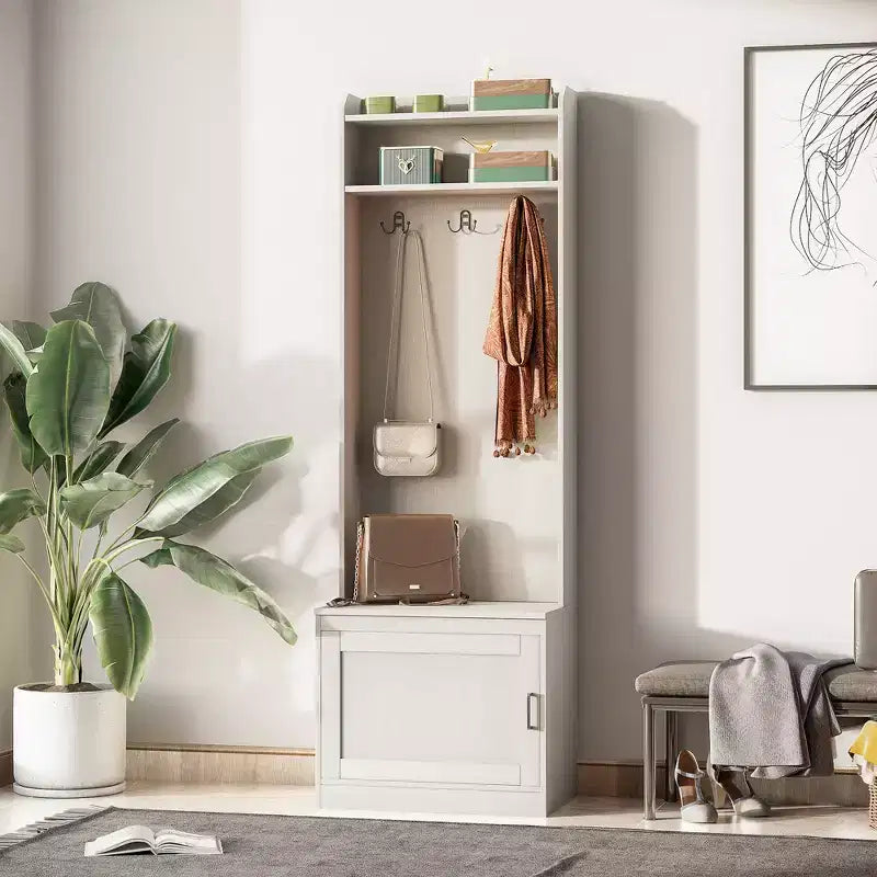 Porte-manteau rustique avec banc de rangement pour chaussures – Patère, 6 crochets, étagères de rangement