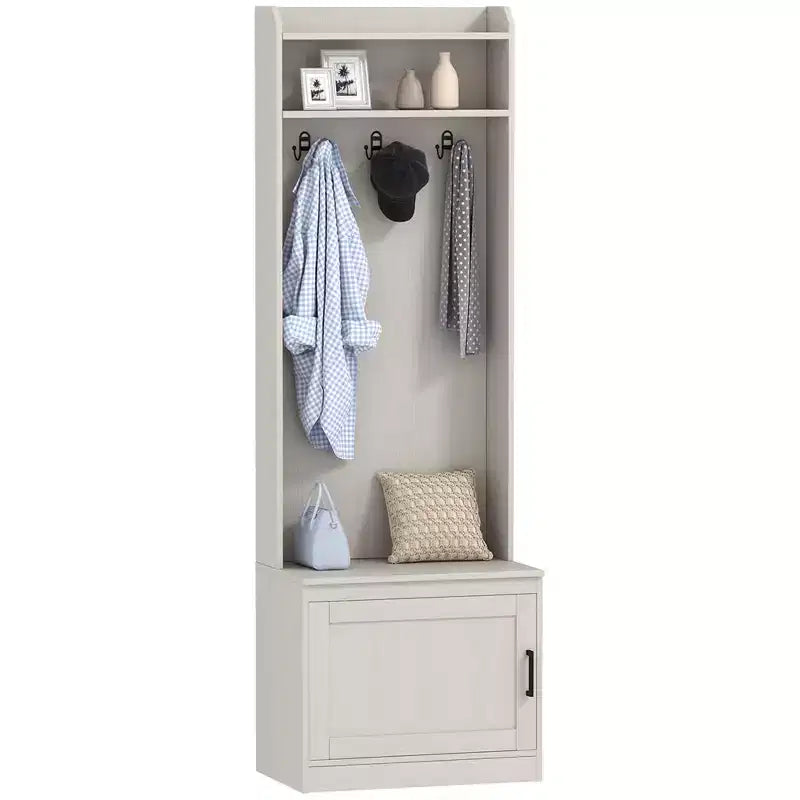 Porte-manteau rustique avec banc de rangement pour chaussures – Patère, 6 crochets, étagères de rangement