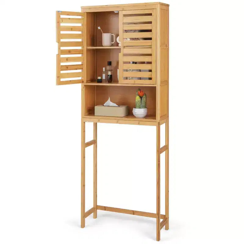Costway Over the Toilet Storage Cabinet Tall Bathroom Bamboo Shelf Organizer Space Saver