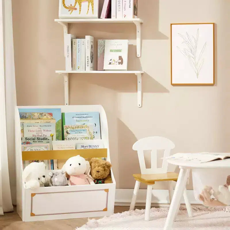 Bibliothèque pour enfants en bois avec bacs de rangement – Blanc et or, 2 étagères, 3 ans et +