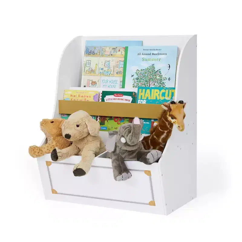 Bibliothèque pour enfants en bois avec bacs de rangement – Blanc et or, 2 étagères, 3 ans et +