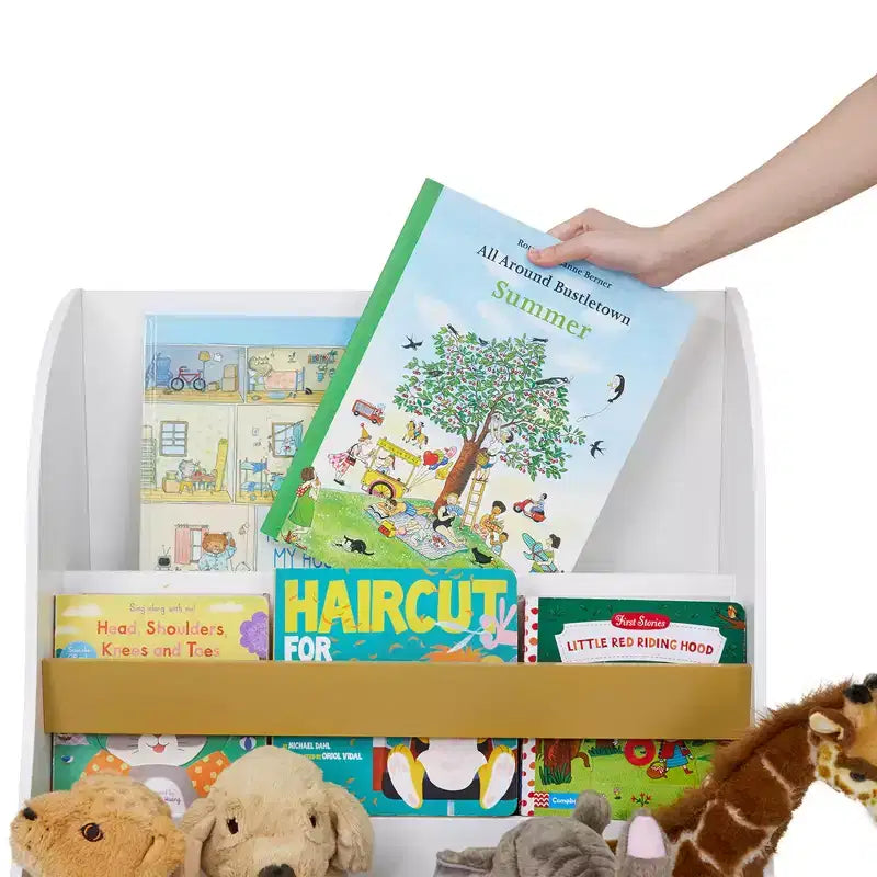 Bibliothèque pour enfants en bois avec bacs de rangement – Blanc et or, 2 étagères, 3 ans et +