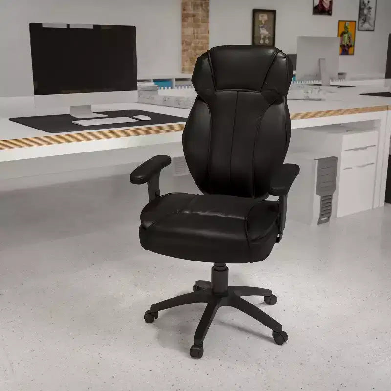 Fauteuil de bureau ergonomique à dossier haut – Cuir synthétique, Bouton de réglage lombaire, Accoudoirs réglables, 113 kg
