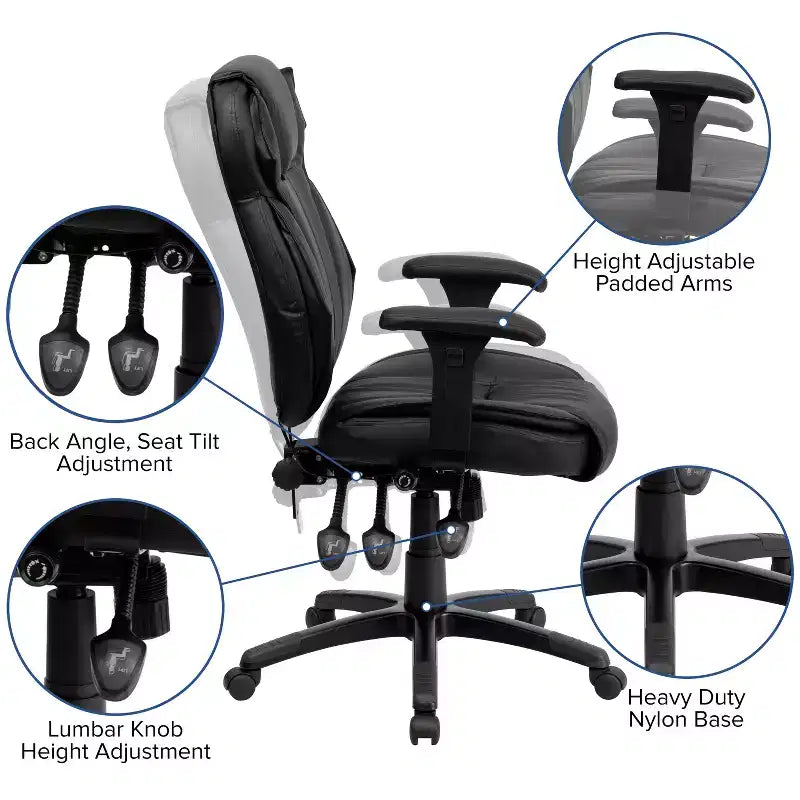 Fauteuil de bureau ergonomique à dossier haut – Cuir synthétique, Bouton de réglage lombaire, Accoudoirs réglables, 113 kg