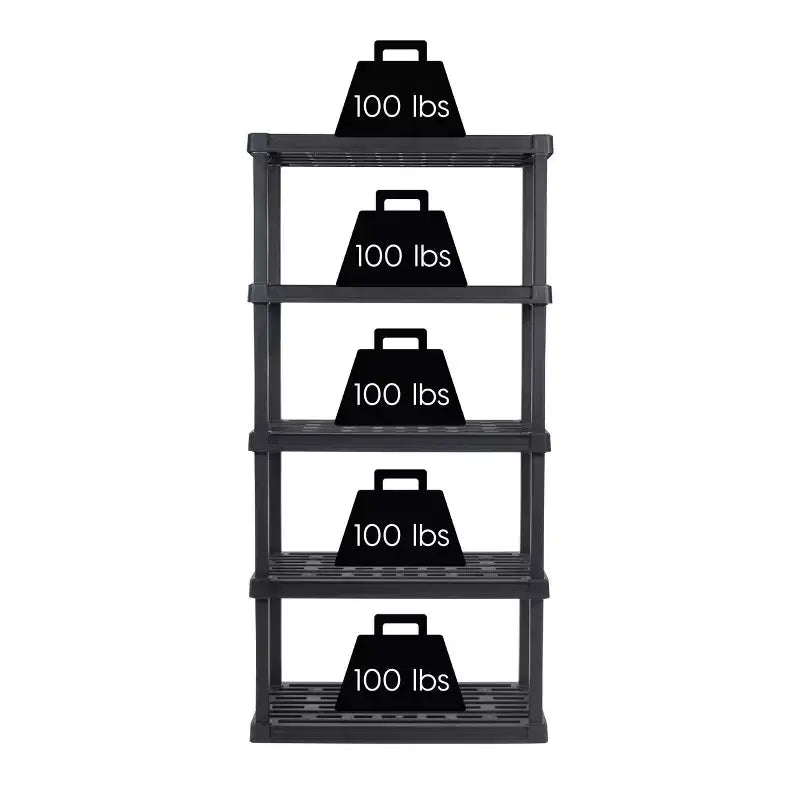 Étagère de rangement utilitaire robuste en plastique à 5 niveaux – Noir, 45 kg par étagère, aucun assemblage requis