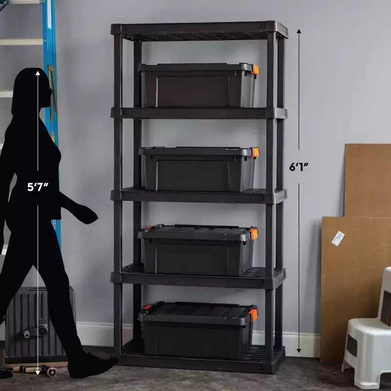 Étagère de rangement utilitaire robuste en plastique à 5 niveaux – Noir, 45 kg par étagère, aucun assemblage requis