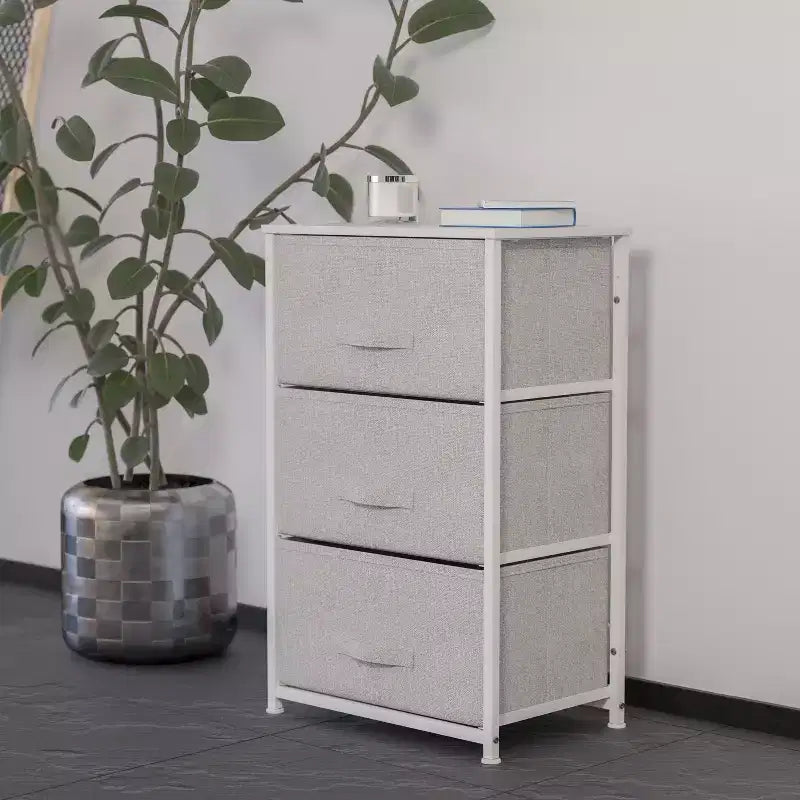 Commode de rangement verticale à 3 tiroirs – Dessus en bois, tiroirs en tissu, cadre en métal