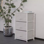 Commode de rangement verticale à 3 tiroirs – Dessus en bois, tiroirs en tissu, cadre en métal