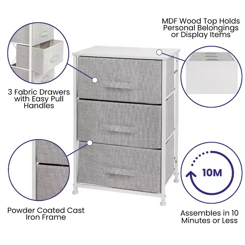 Commode de rangement verticale à 3 tiroirs – Dessus en bois, tiroirs en tissu, cadre en métal