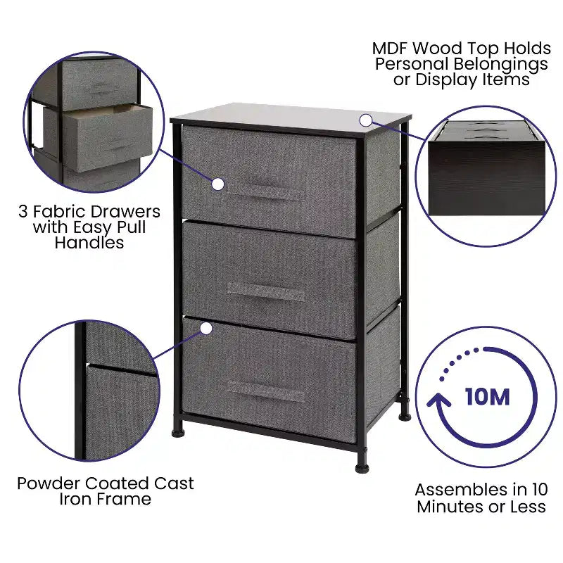 Commode de rangement verticale à 3 tiroirs – Dessus en bois, tiroirs en tissu, cadre en métal