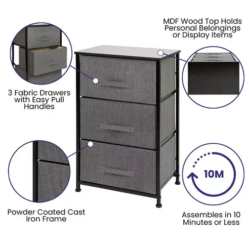 Commode de rangement verticale à 3 tiroirs – Dessus en bois, tiroirs en tissu, cadre en métal