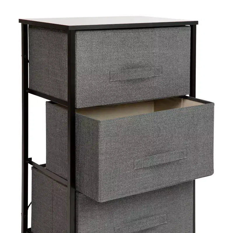 Commode de rangement verticale à 3 tiroirs – Dessus en bois, tiroirs en tissu, cadre en métal