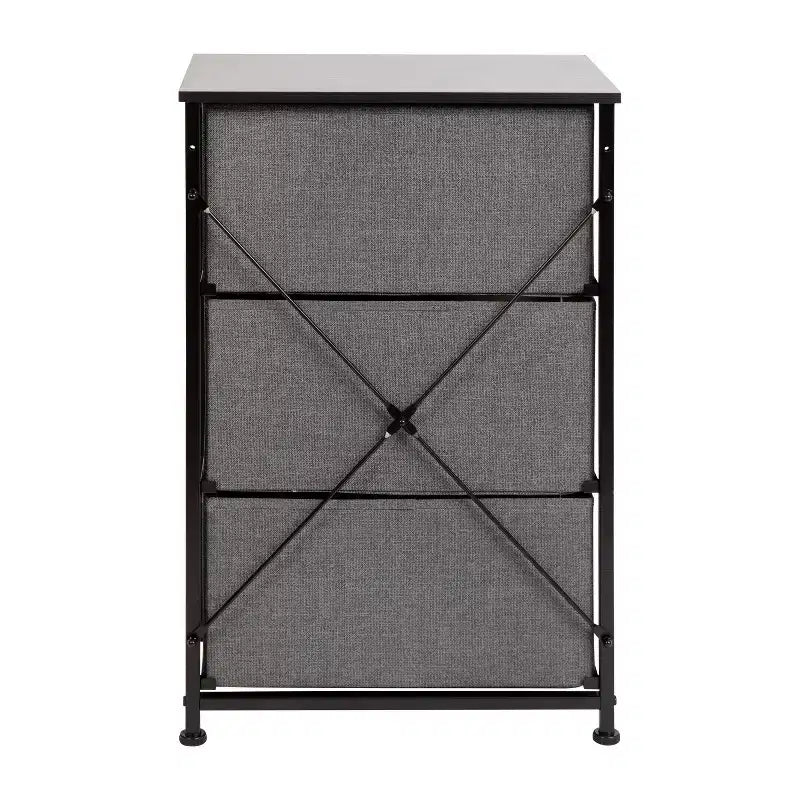 Commode de rangement verticale à 3 tiroirs – Dessus en bois, tiroirs en tissu, cadre en métal
