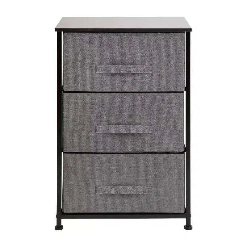 Commode de rangement verticale à 3 tiroirs – Dessus en bois, tiroirs en tissu, cadre en métal