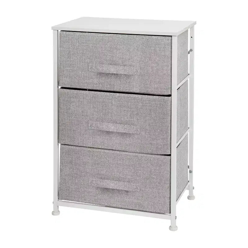 Commode de rangement verticale à 3 tiroirs – Dessus en bois, tiroirs en tissu, cadre en métal