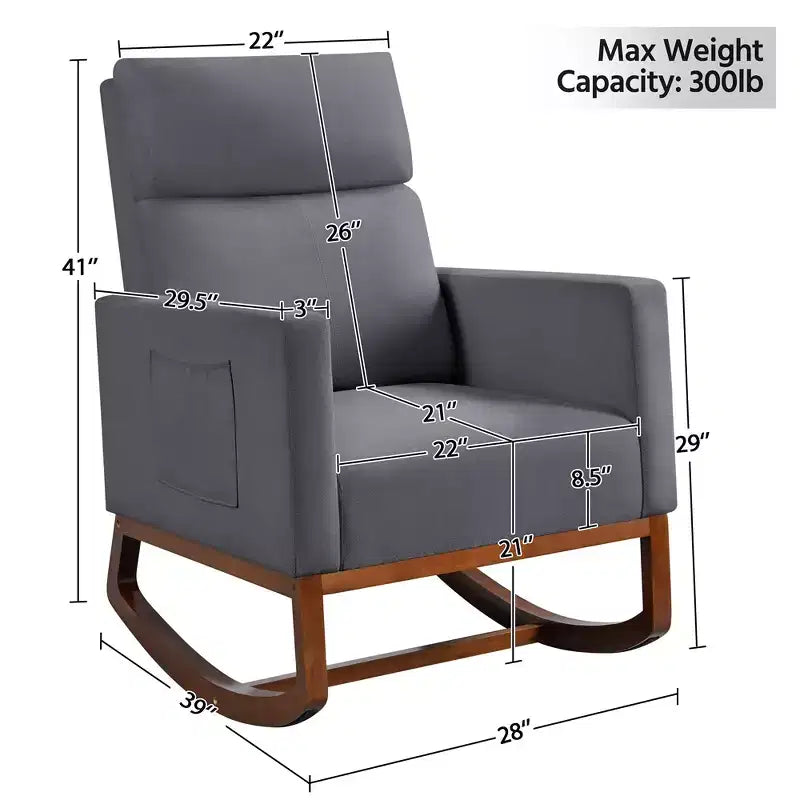Fauteuil à bascule rembourré – Pieds en bois d'hévéa, poches latérales, capacité de 136 kg