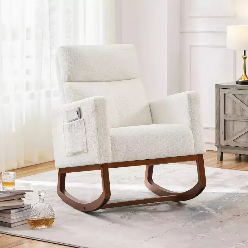 Fauteuil à bascule rembourré – Pieds en bois d'hévéa, poches latérales, capacité de 136 kg