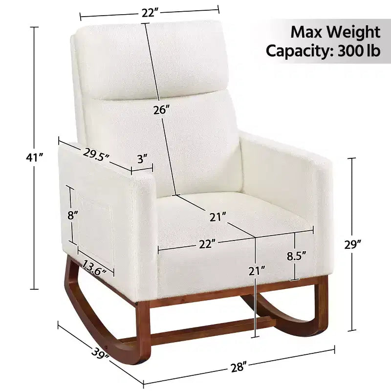 Fauteuil à bascule rembourré – Pieds en bois d'hévéa, poches latérales, capacité de 136 kg