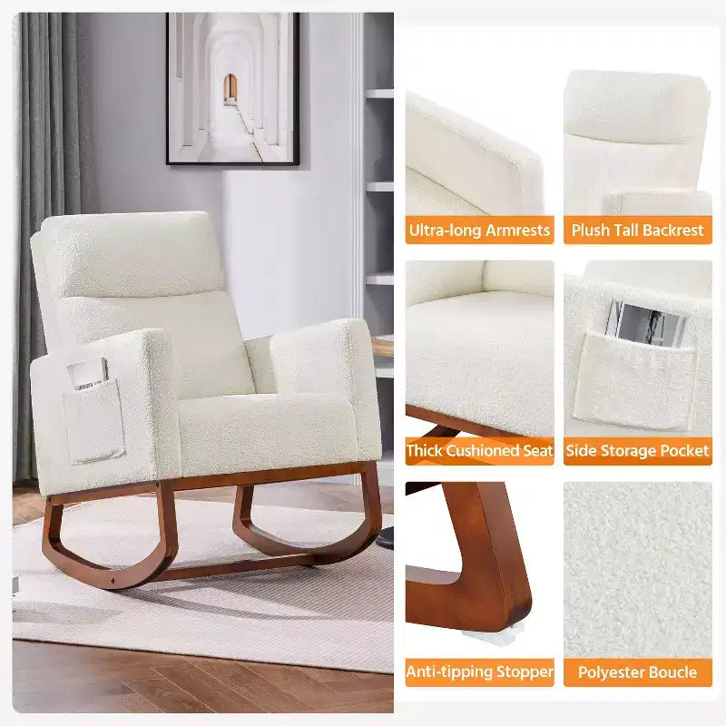 Fauteuil à bascule rembourré – Pieds en bois d'hévéa, poches latérales, capacité de 136 kg