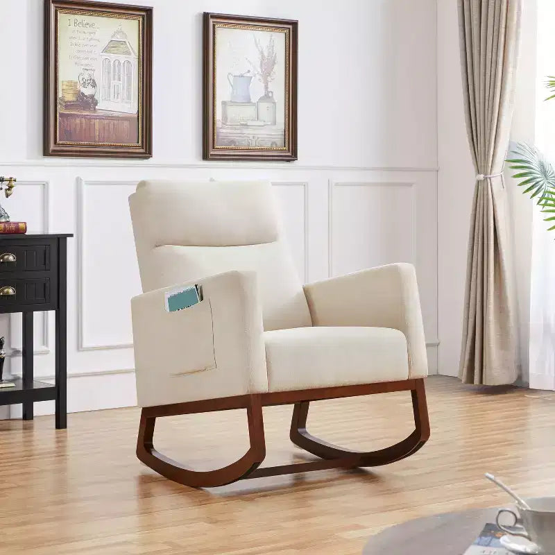 Fauteuil à bascule rembourré – Pieds en bois d'hévéa, poches latérales, capacité de 136 kg