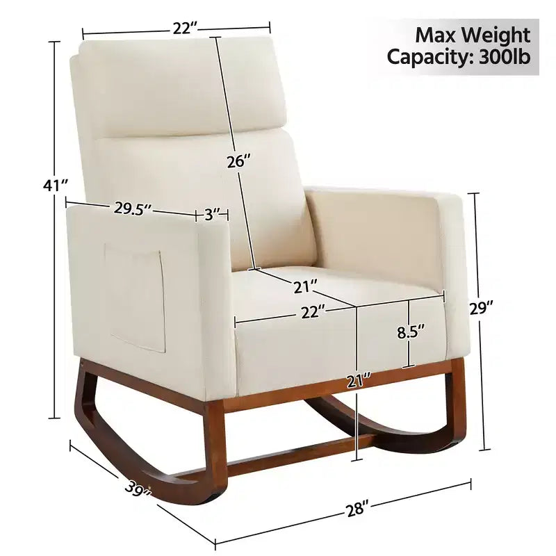 Fauteuil à bascule rembourré – Pieds en bois d'hévéa, poches latérales, capacité de 136 kg