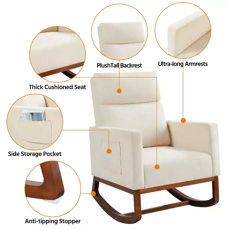 Fauteuil à bascule rembourré – Pieds en bois d'hévéa, poches latérales, capacité de 136 kg