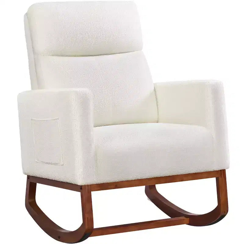 Fauteuil à bascule rembourré – Pieds en bois d'hévéa, poches latérales, capacité de 136 kg